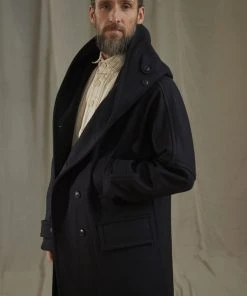 Workhouse England - Fisherman Long Wool Coat In Dark Navy