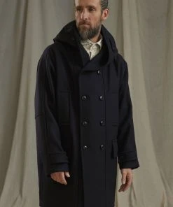 Workhouse England - Fisherman Long Wool Coat In Dark Navy