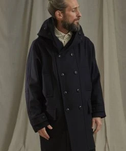 Workhouse England - Fisherman Long Wool Coat In Dark Navy