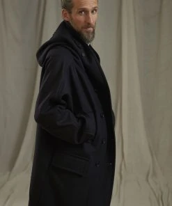 Workhouse England - Fisherman Long Wool Coat In Dark Navy