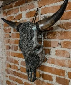 Antiques Antiques&Collectibles Hand Engraved Gray Bull Skull With Unique Horns