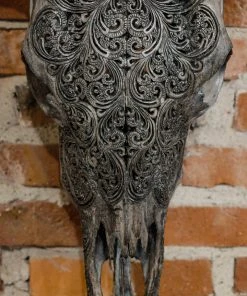 Antiques Antiques&Collectibles Hand Engraved Gray Bull Skull With Unique Horns