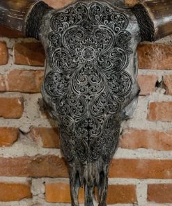 Antiques Antiques&Collectibles Hand Engraved Gray Bull Skull With Unique Horns