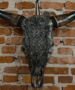 Antiques Antiques&Collectibles Hand Engraved Gray Bull Skull With Unique Horns