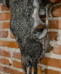 Antiques Antiques&Collectibles Hand Engraved Gray Bull Skull With Unique Horns