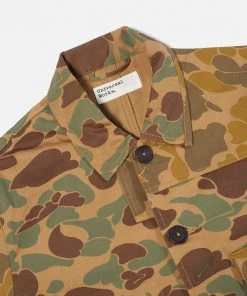 New Universal Works Patched Mill Bakers Jacket In Sand/Khaki Cotton Camo