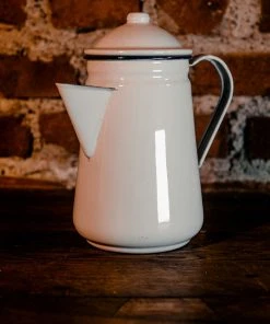 Antiques White Enamelware Coffee Pot / Kettle With Blue Rim Antiques&Collectibles