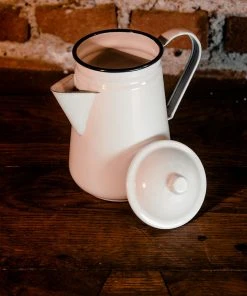 Antiques White Enamelware Coffee Pot / Kettle With Blue Rim Antiques&Collectibles
