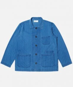 Universal Works Bakers Overshirt/Jacket In Washed Indigo Herringbone Denim
