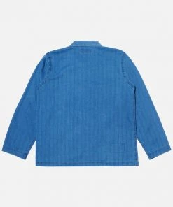 Universal Works Bakers Overshirt/Jacket In Washed Indigo Herringbone Denim