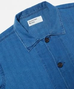 Universal Works Bakers Overshirt/Jacket In Washed Indigo Herringbone Denim
