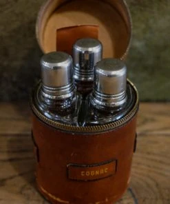 The Rugged Society Vintage Leather Case - Liquor Travel Kit With Three Glass Flasks Antiques&Collectibles