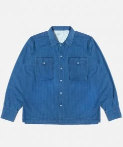 Universal Works - Treck Shirt In Washed Indigo Herringbone Denim New